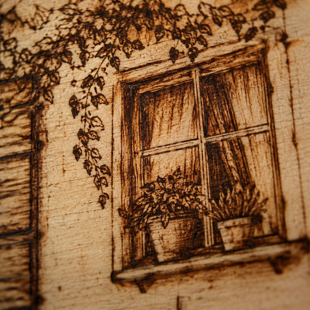 Detalle de las líneas finas pirograbadas de las ventanas y macetas de la ilustración de una casa