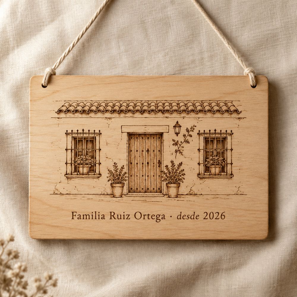 Placa de madera colgante con la ilustración en línea de una casa andaluza y el texto «Familia Ruiz Ortega · desde 2026»