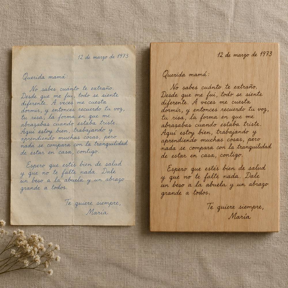 Carta manuscrita original junto a una tabla de madera con la misma letra grabada a mano