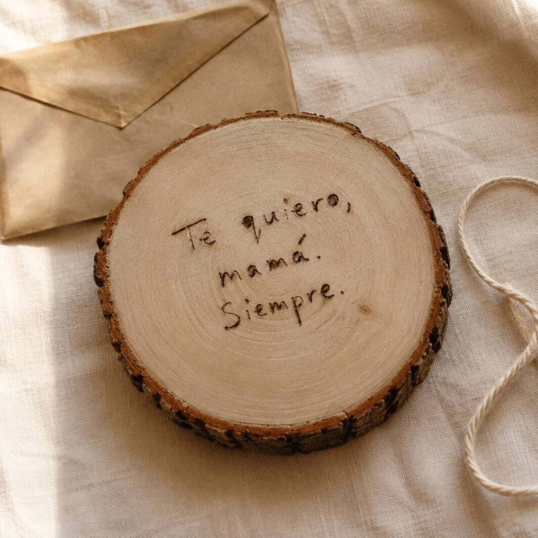 Rodaja de madera con la nota manuscrita «Te quiero, mamá. Siempre.» reproducida a mano con pirograbado