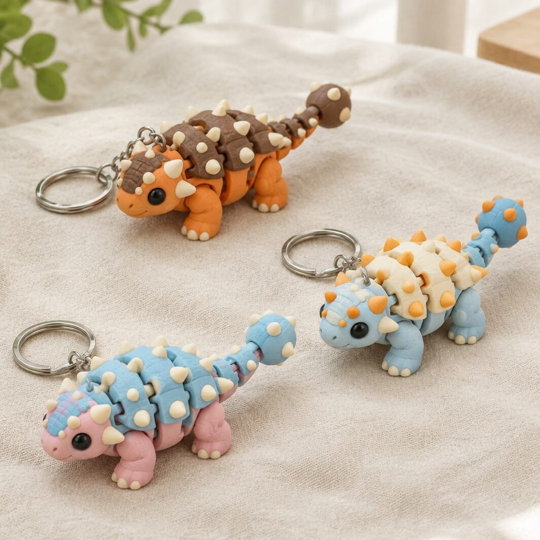 Tres llaveros de anquilosaurio articulados mini en naranja, rosa y azul claro con caparazón de pinchos y anilla metálica