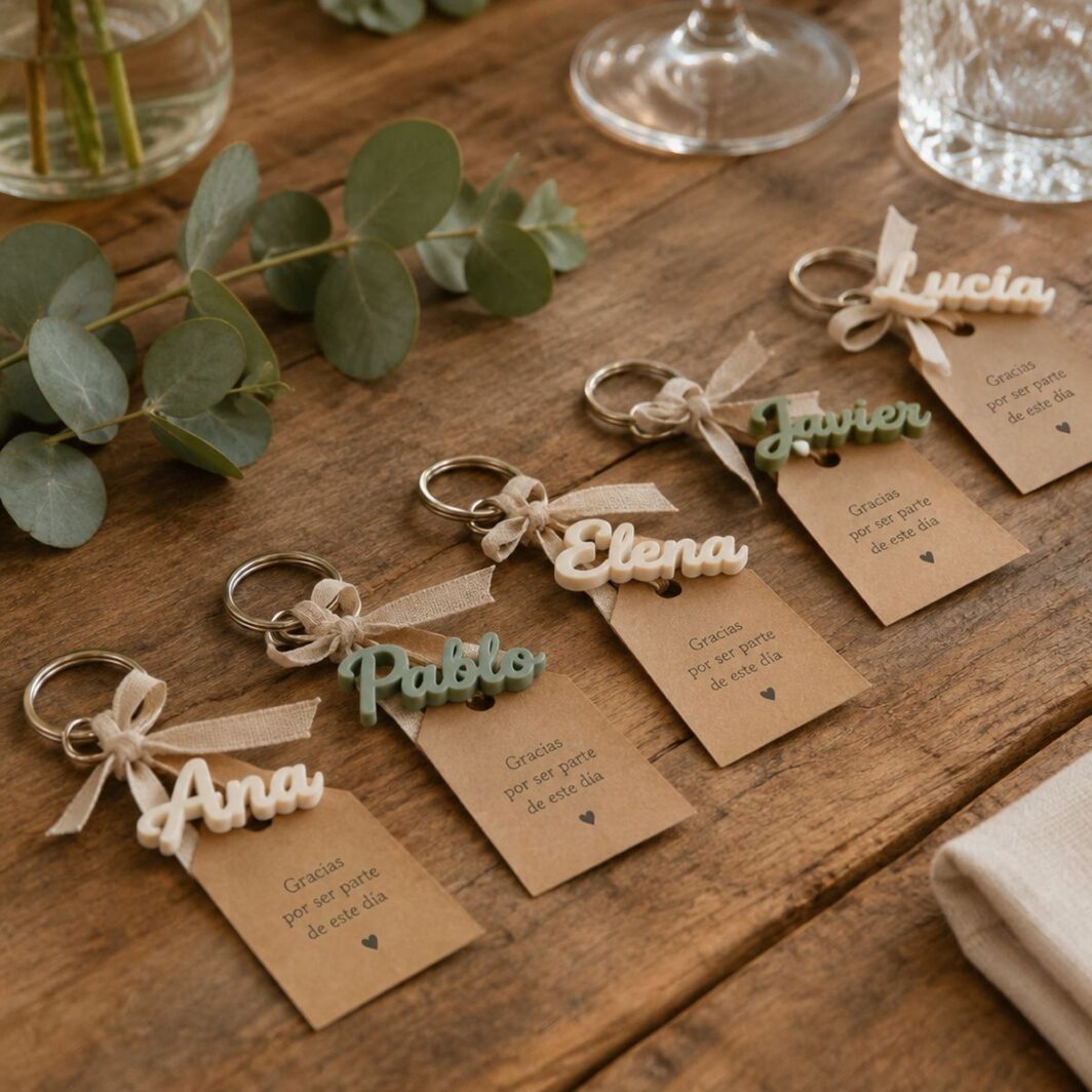 Llaveros con nombre como detalle para invitados de boda con etiqueta de kraft