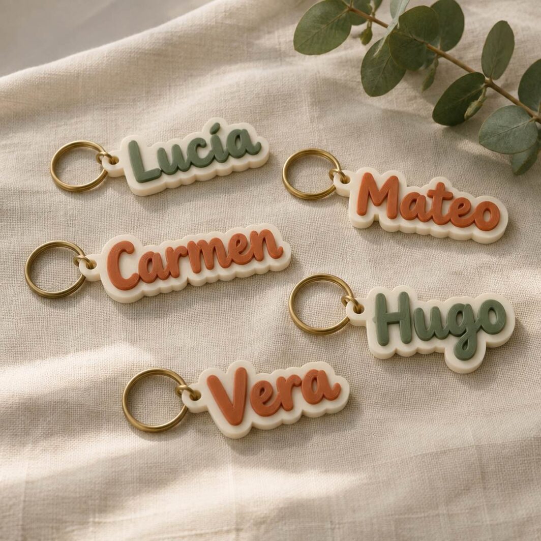 Cinco llaveros con nombre a dos colores: Lucía, Mateo, Carmen, Hugo y Vera