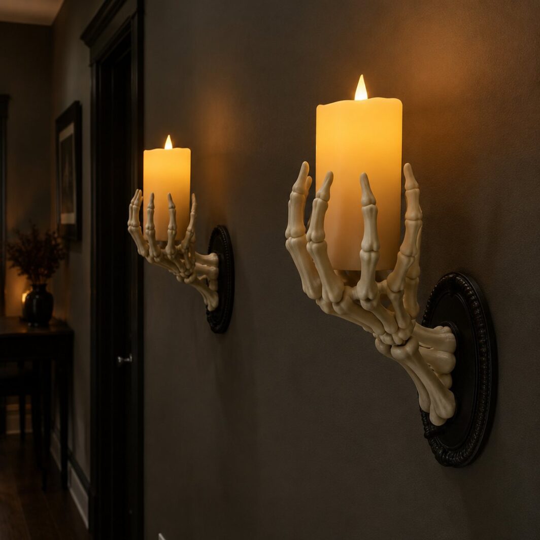 Dos manos de esqueleto blancas en la pared sujetando velas LED encendidas