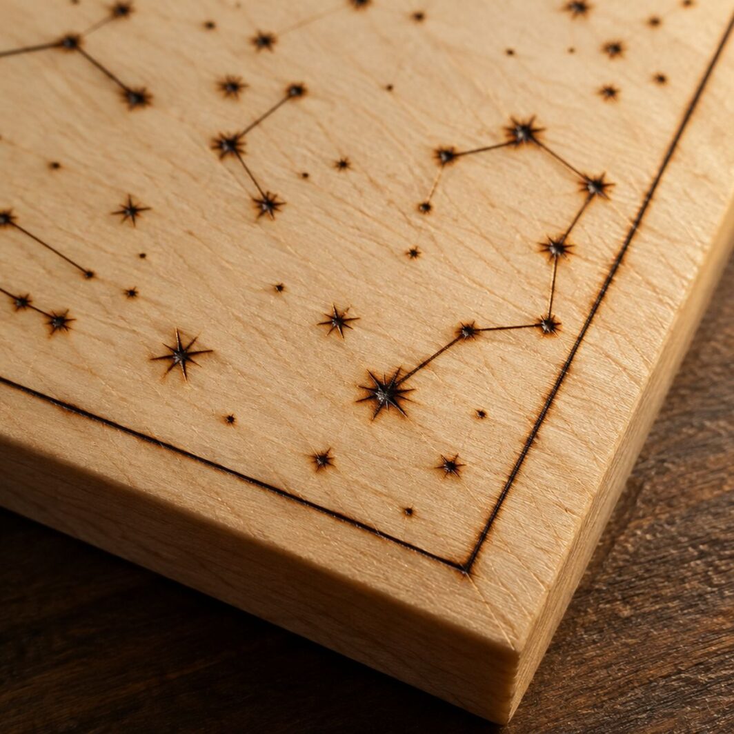 Detalle de la esquina del cuadro con el marco fino y las estrellas y constelaciones quemadas a mano