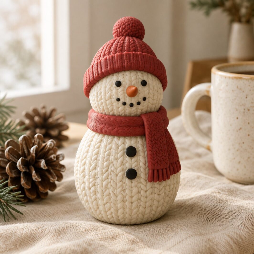 Muñeco de nieve decorativo con relieve de punto, gorro y bufanda rojos junto a una taza y piñas