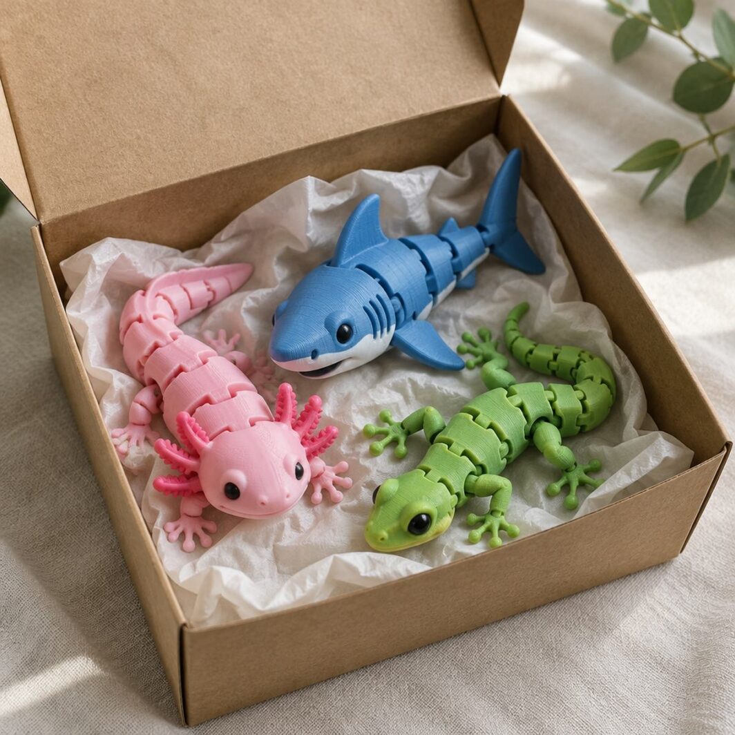 Caja de regalo de cartón kraft abierta con un ajolote rosa, un tiburón azul y un gecko verde articulados