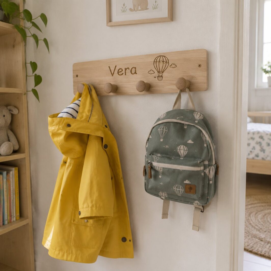 Perchero infantil de madera con el nombre «Vera» y un globo aerostático pirograbados y un abrigo de niño colgado