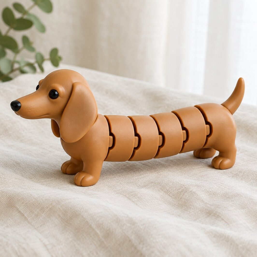 Perro salchicha articulado color canela con el cuerpo largo de segmentos sobre lino crema