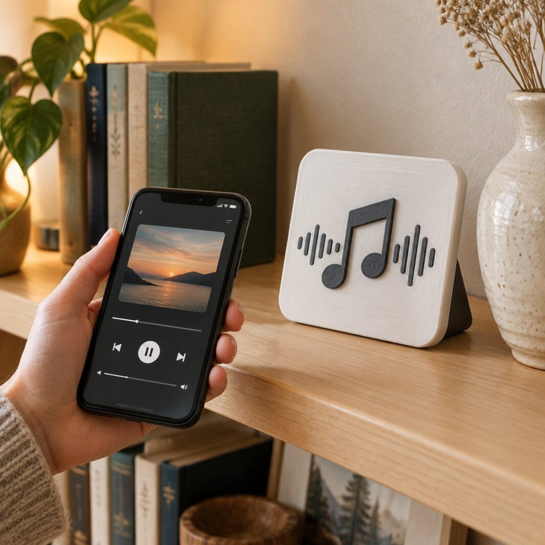 Móvil reproduciendo una canción junto a una placa musical personalizada en una estantería
