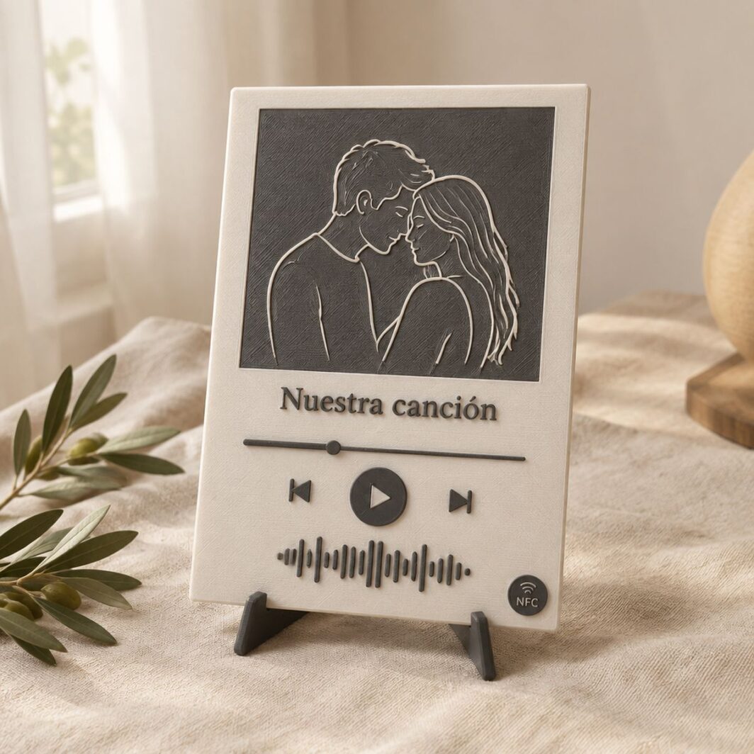Placa de canción en blanco y gris carbón con ilustración de pareja, título «Nuestra canción» y barra de reproducción en relieve