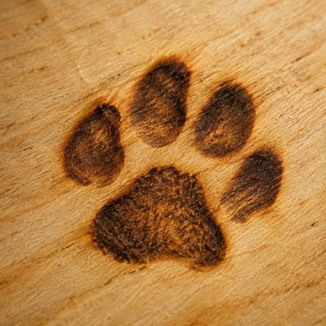 Detalle macro de una huella de perro quemada a mano sobre madera