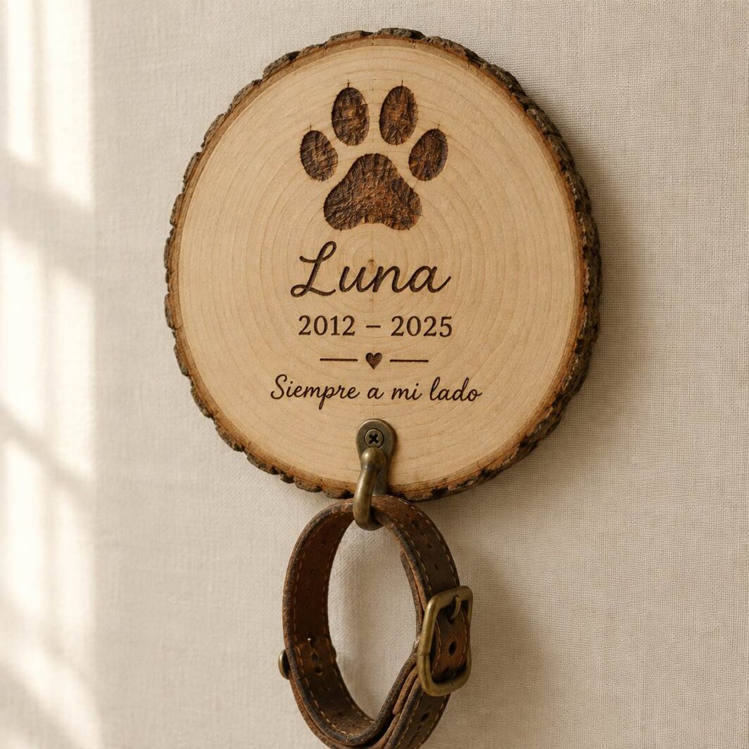 Placa homenaje de madera con huella, el nombre «Luna», las fechas 2012–2025 y un gancho de latón con su collar