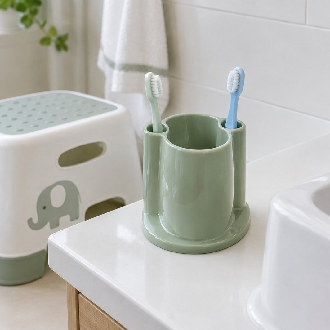 Portacepillos verde salvia con dos cepillos de dientes infantiles sobre el lavabo junto a un taburete
