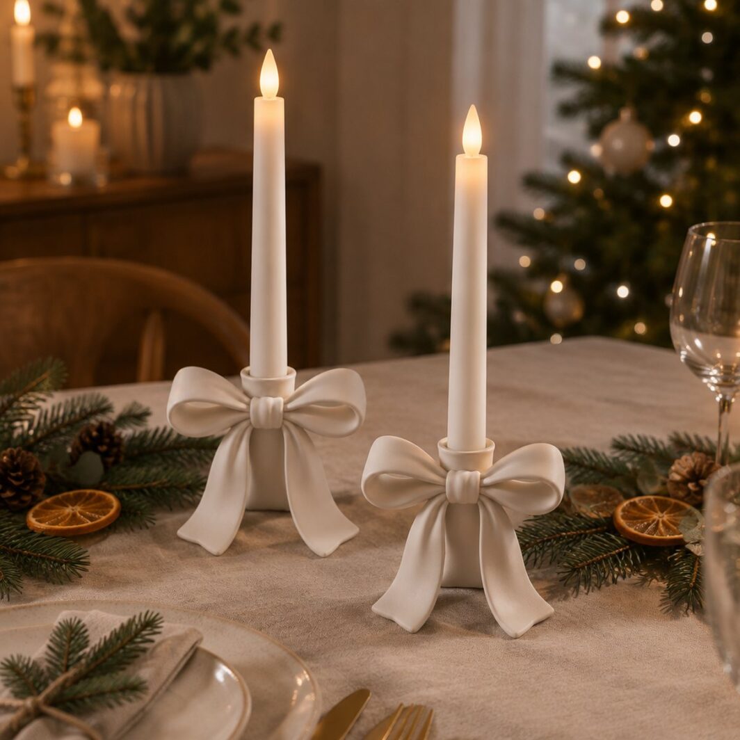Dos portavelas blancos con forma de lazo con velas LED encendidas en una mesa de Navidad