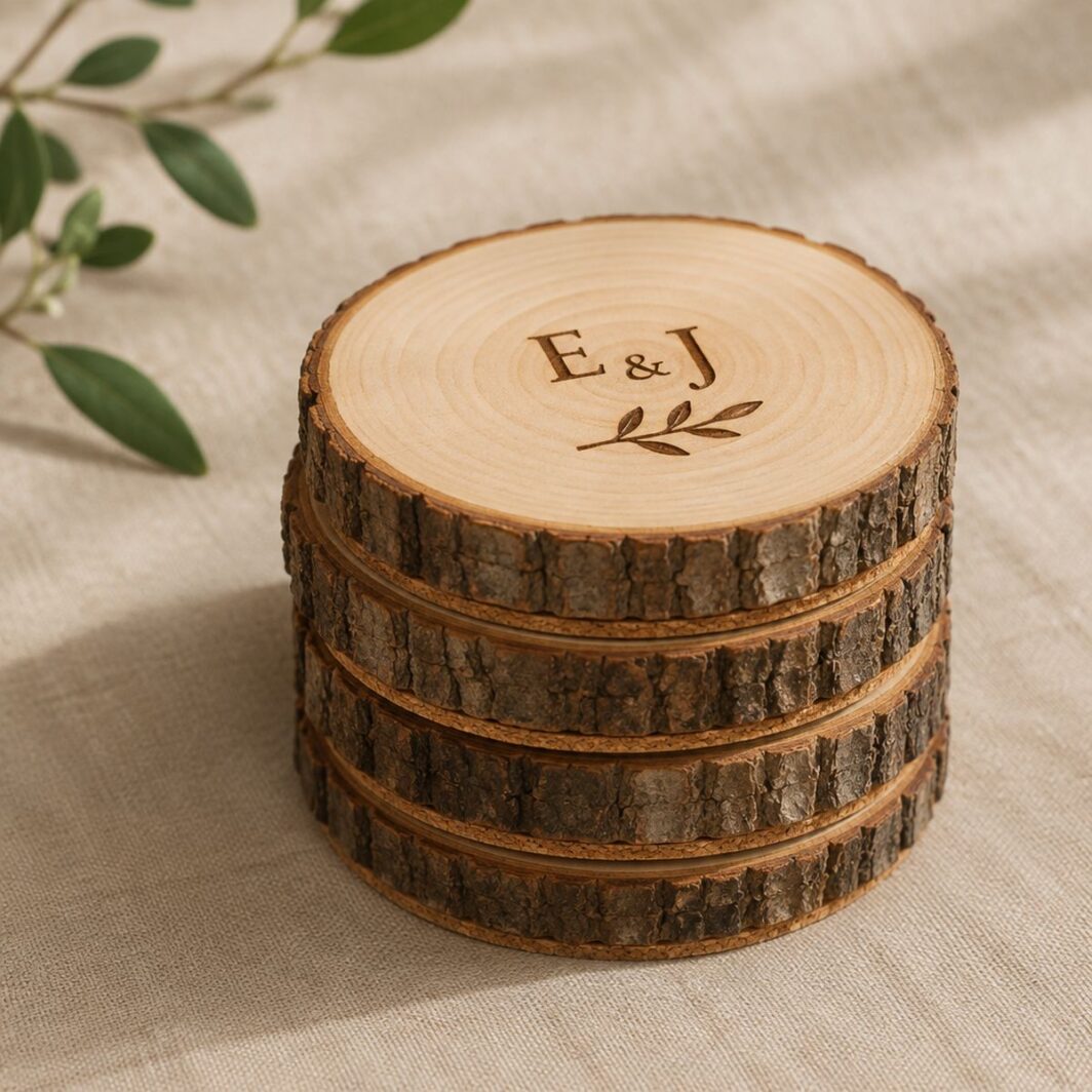 Pila de posavasos de madera con base de corcho y las iniciales grabadas a mano