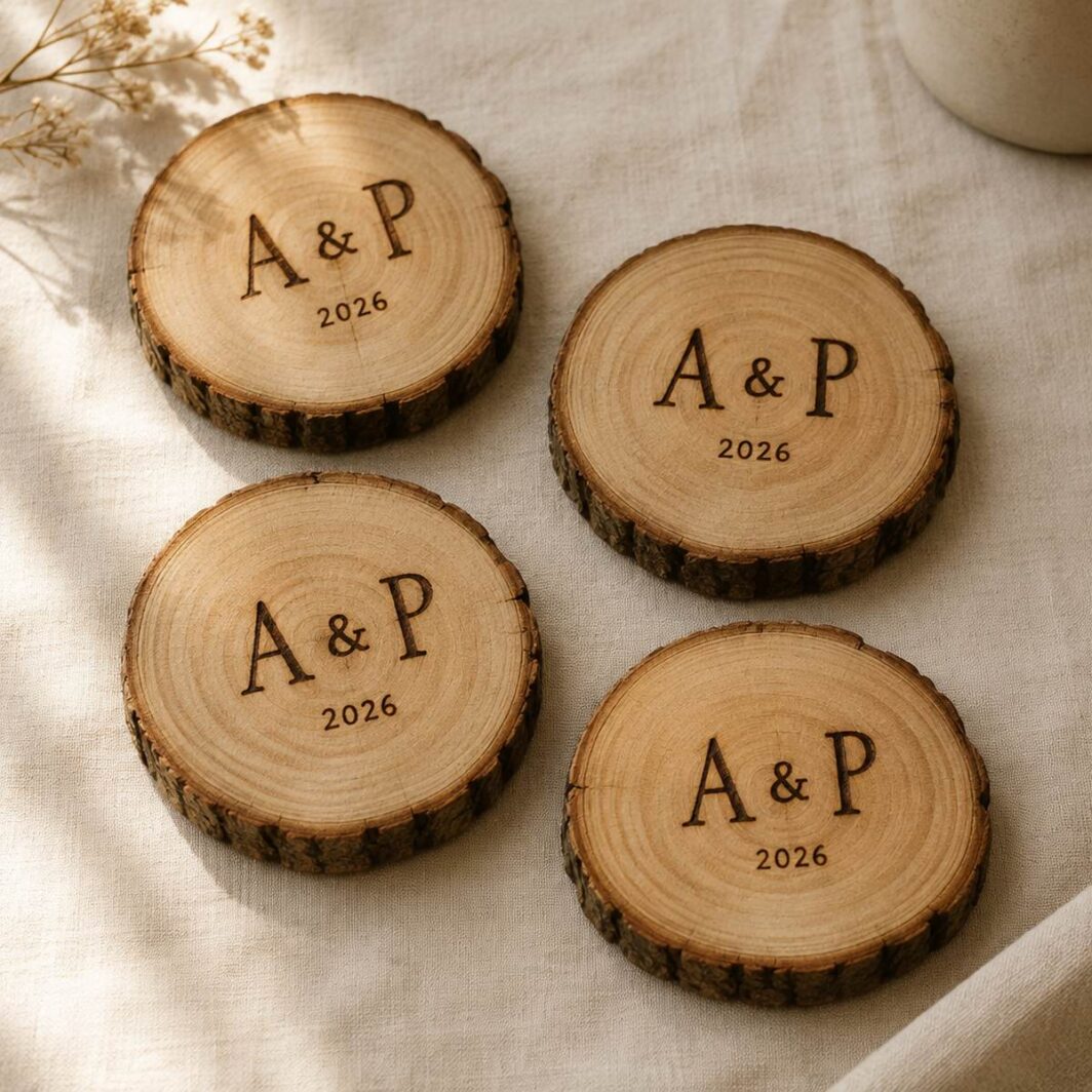 Set de cuatro posavasos de rodaja de madera con las iniciales «A & P» y el año 2026 pirograbados