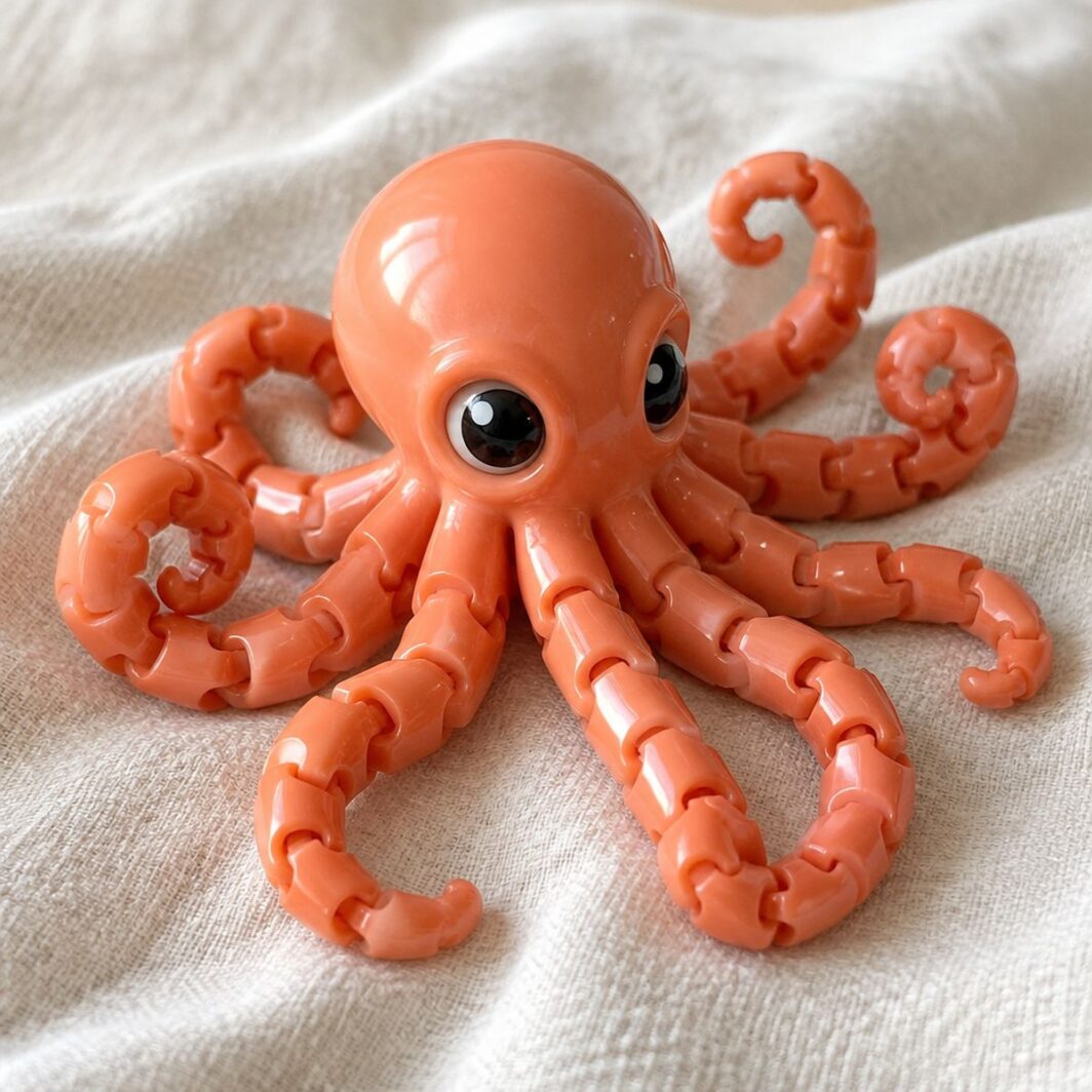 Pulpo articulado coral brillante con tentáculos de segmentos enroscados sobre lino crema