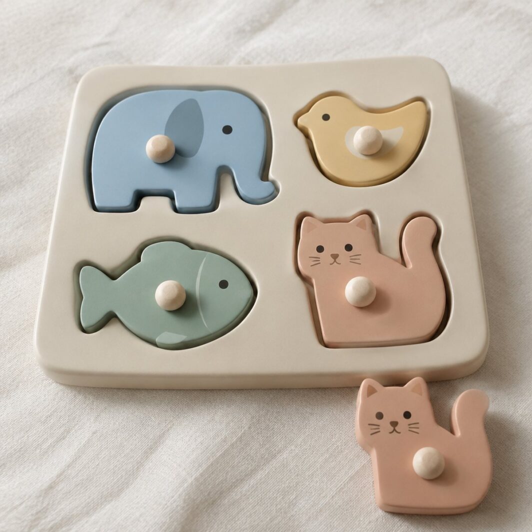 Puzle encajable crema con un elefante, un pájaro, un pez y un gato en colores pastel con pomos