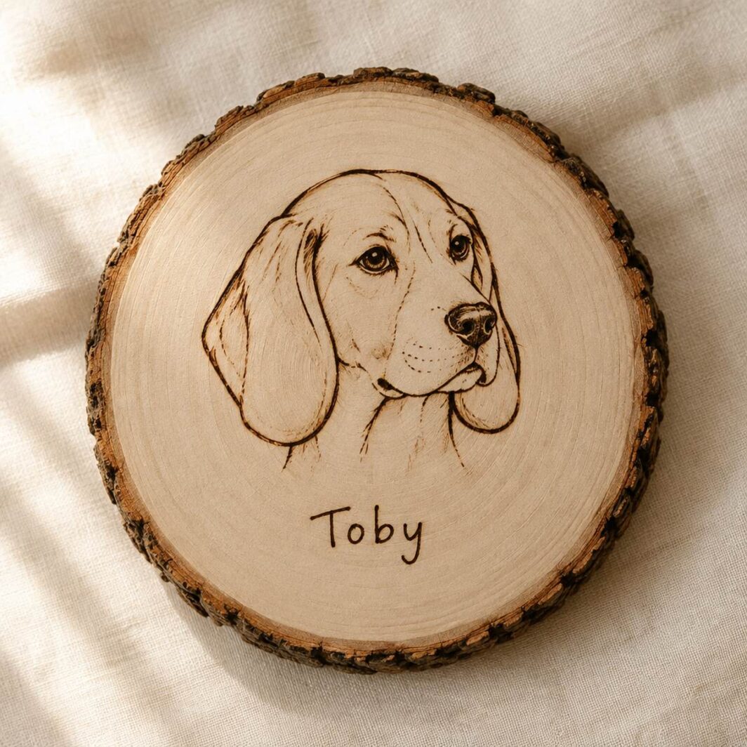 Rodaja de madera con el retrato lineal de un beagle y el nombre «Toby» pirograbados a mano