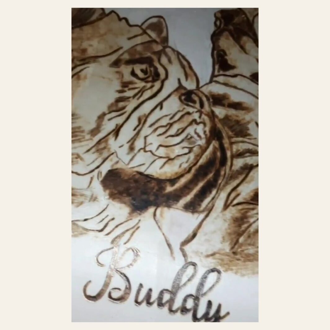 Detalle del retrato pirograbado de Buddy: trazos de línea y sombreado tostado sobre la madera y su nombre grabado
