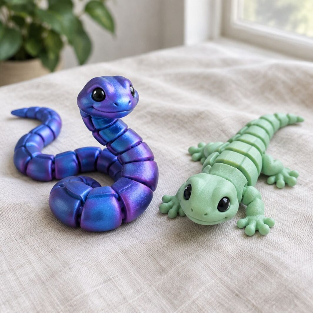 Serpiente articulada sonriente en degradado azul y lila junto a un lagarto articulado verde menta sobre lino crema