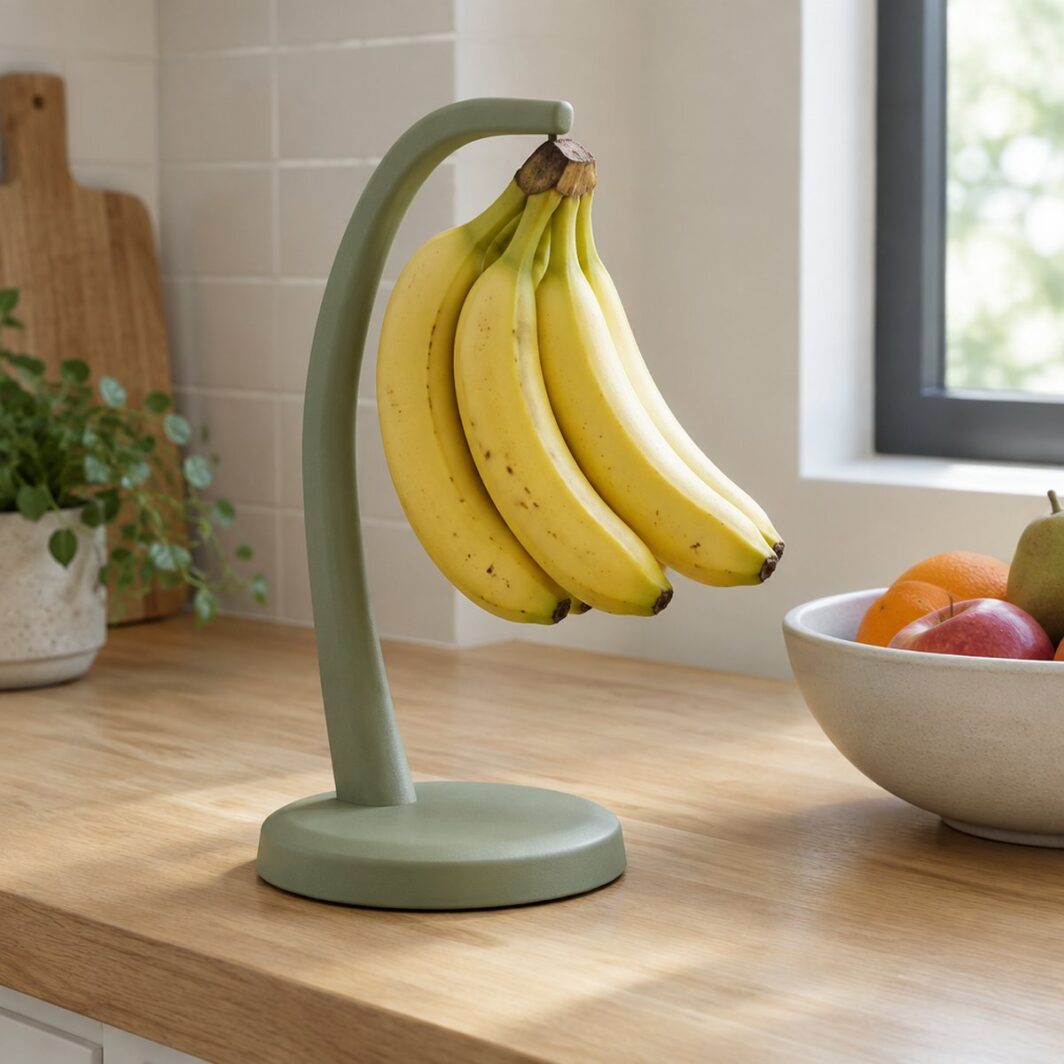 Soporte de pie verde salvia con un racimo de plátanos colgado sobre una encimera de madera
