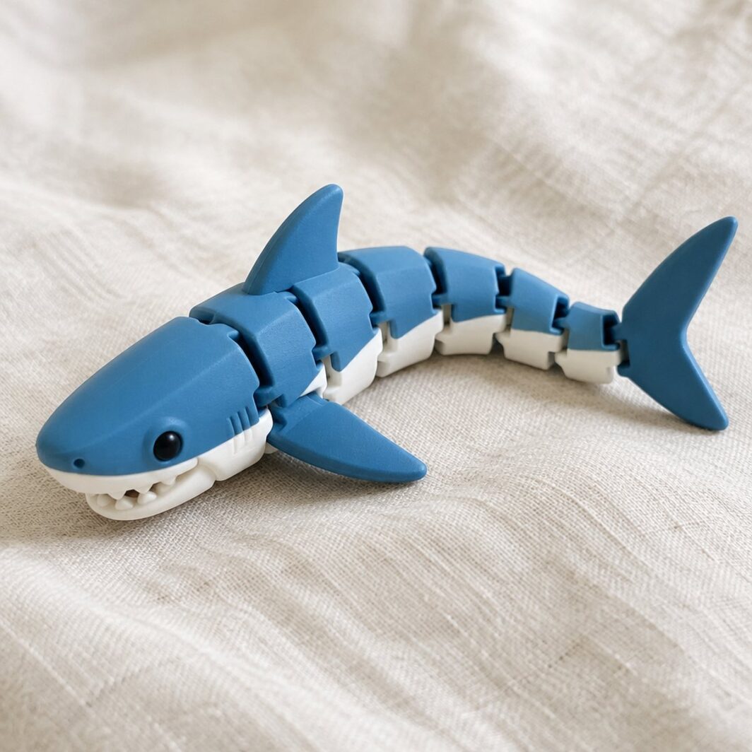 Tiburón articulado azul y blanco de segmentos curvado sobre lino crema