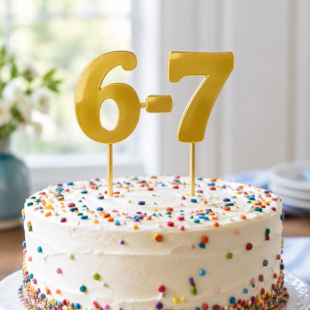 Topper de tarta «6-7» con números grandes sobre una tarta decorada con nata