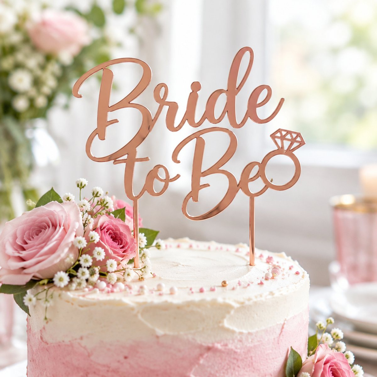 Topper de tarta «Bride to Be» de despedida de soltera sobre una tarta decorada con nata