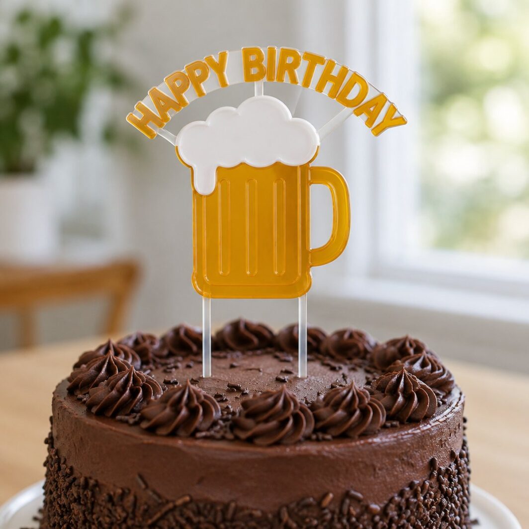 Topper de tarta de jarra de cerveza con «Happy Birthday» sobre una tarta decorada con nata