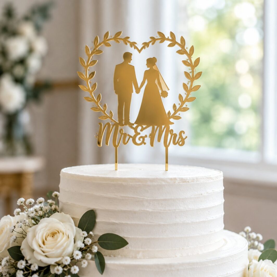 Topper de tarta «Mr & Mrs» con novios en un corazón de laurel sobre una tarta decorada con nata