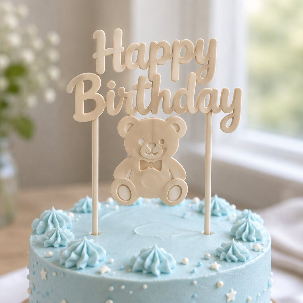 Topper de tarta de osito con «Happy Birthday» sobre una tarta decorada con nata