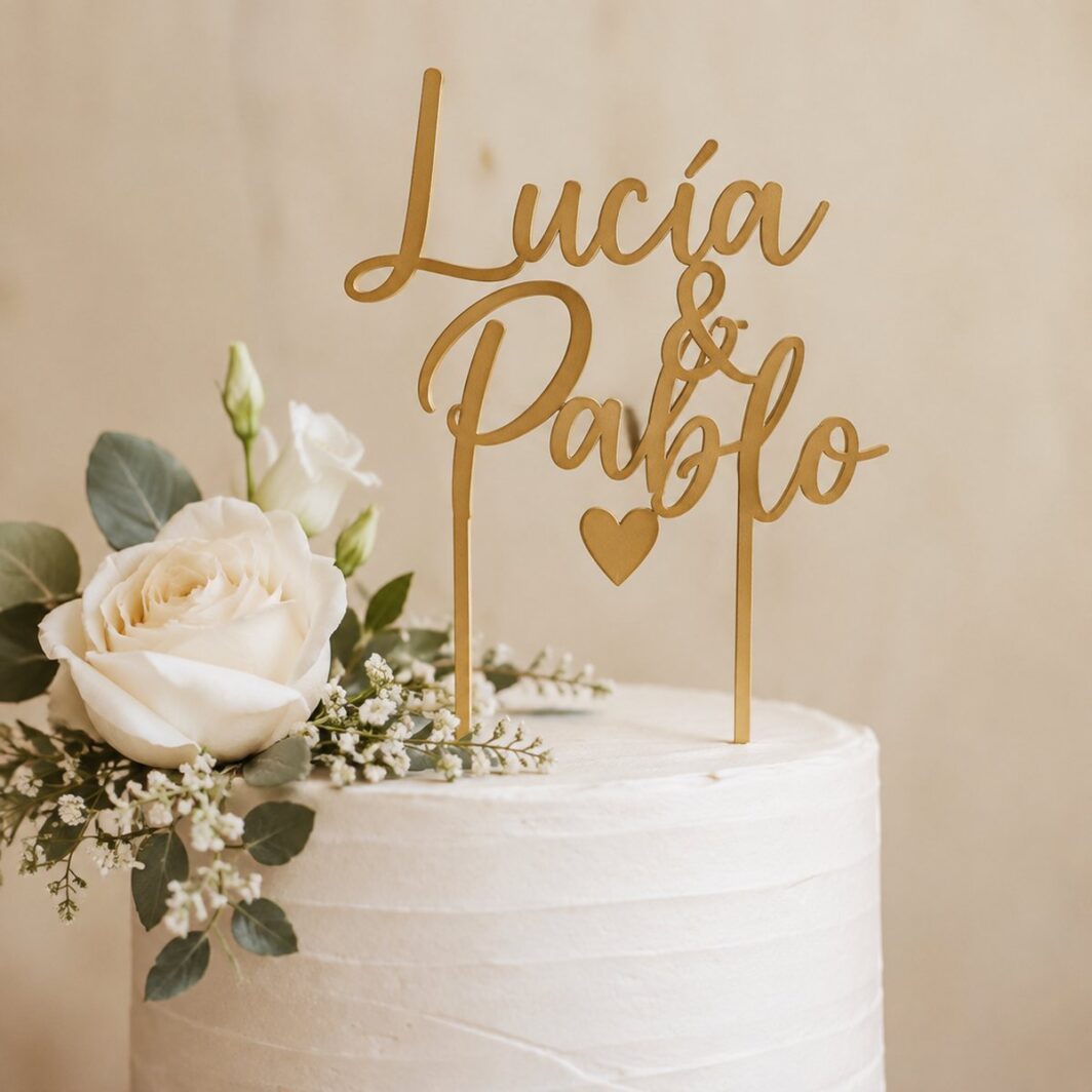 Topper de tarta en dorado mate con los nombres Lucía & Pablo sobre una tarta blanca con flores