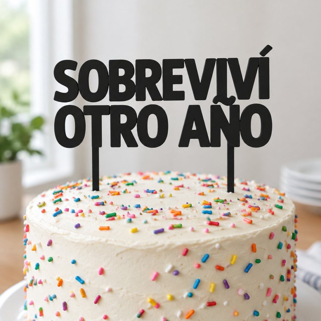 Topper de tarta «Sobreviví otro año» sobre una tarta decorada con nata