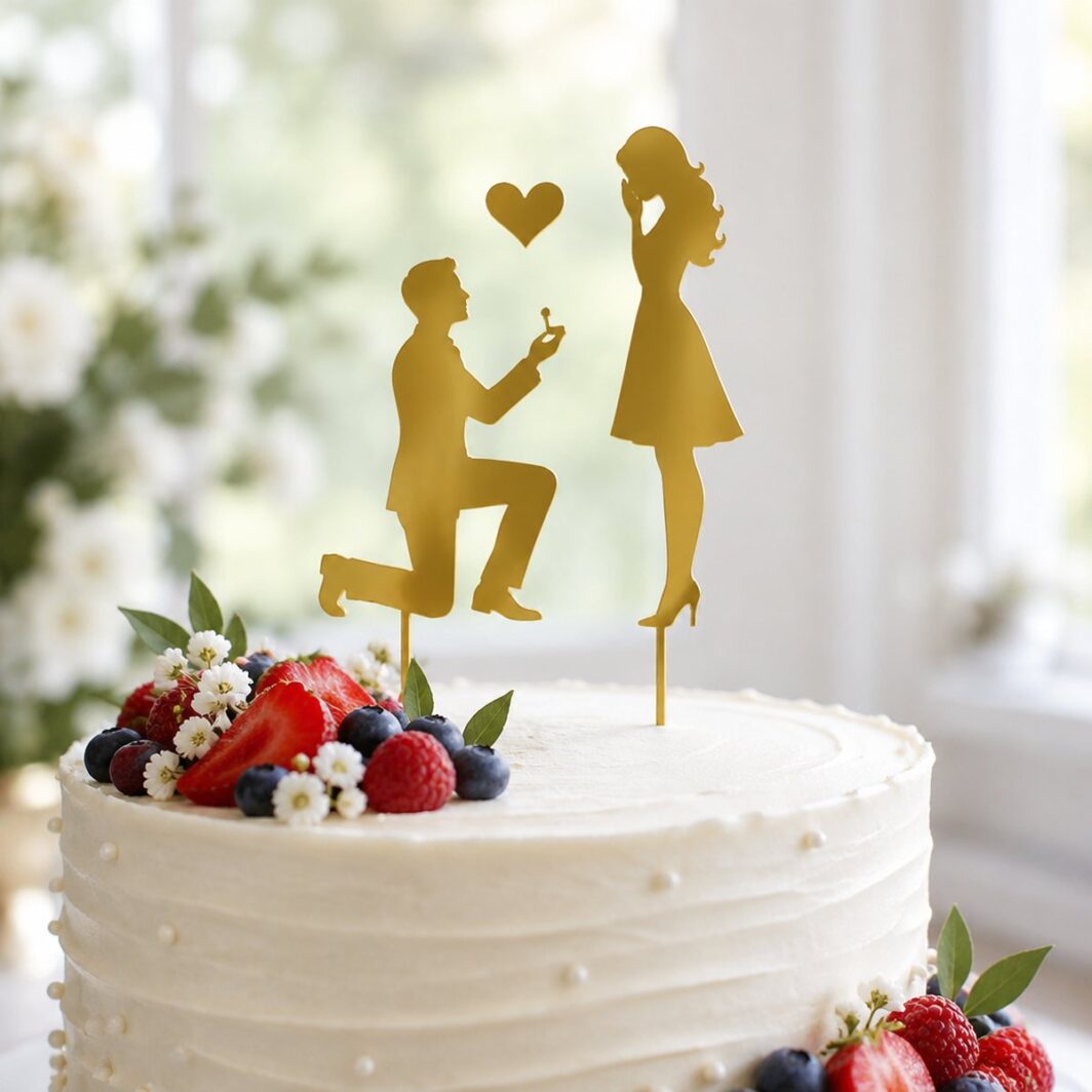 Topper de tarta de pedida de mano con «¿Te quieres casar conmigo?» sobre una tarta decorada con nata