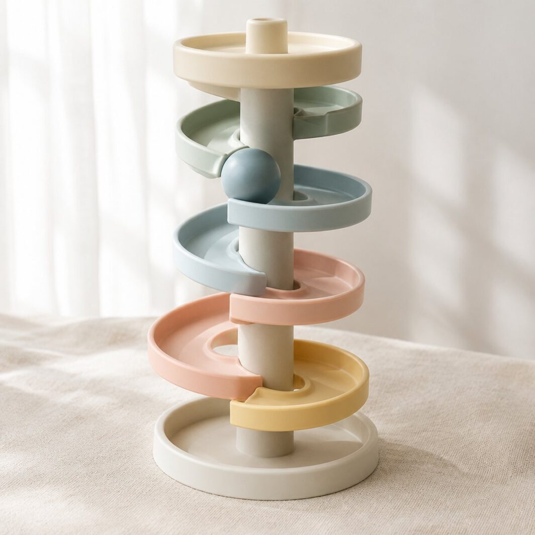 Torre en espiral de color pastel con una bola grande bajando por el recorrido sobre lino crema