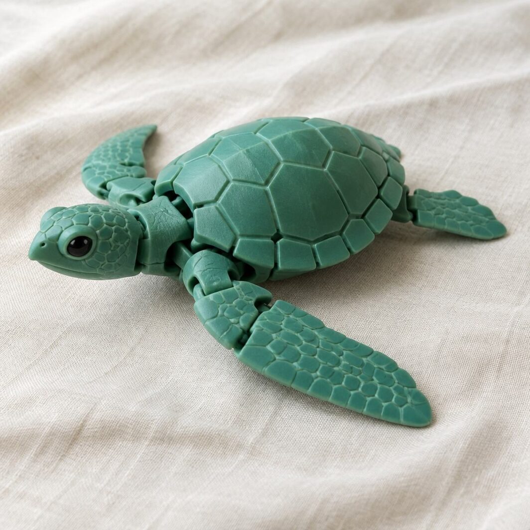 Tortuga marina articulada verde con caparazón de hexágonos y aletas móviles sobre lino crema